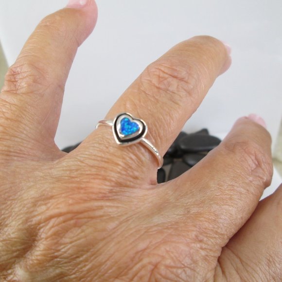 Dainty Heart Rings>Choice of Black Onyx or Blue Opal>925 Sterling Silver ring - Picture 4 of 6